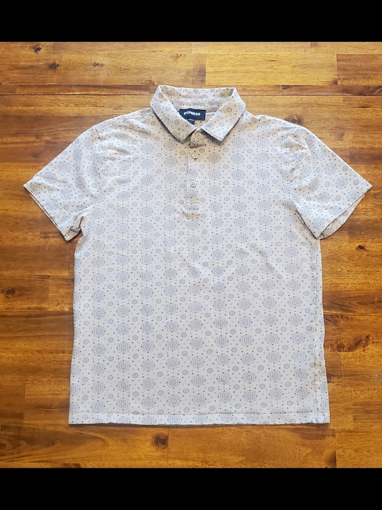 Express Other - Express Men's Beige Tan Polo with Navy Geometric Print